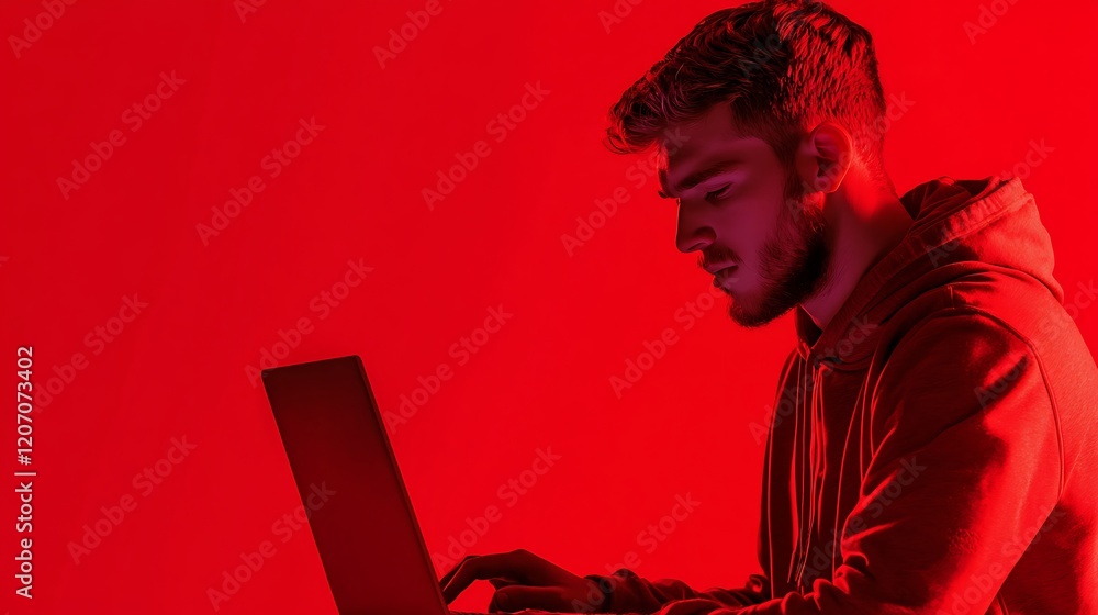 Poster a young man types on a laptop illuminated by a striking red light, creating a moody and focused atmo