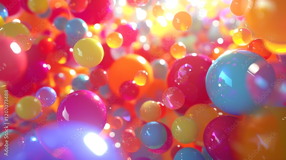 Poster 3d rendering of colorful balls floating in the air with a bright light in the background.