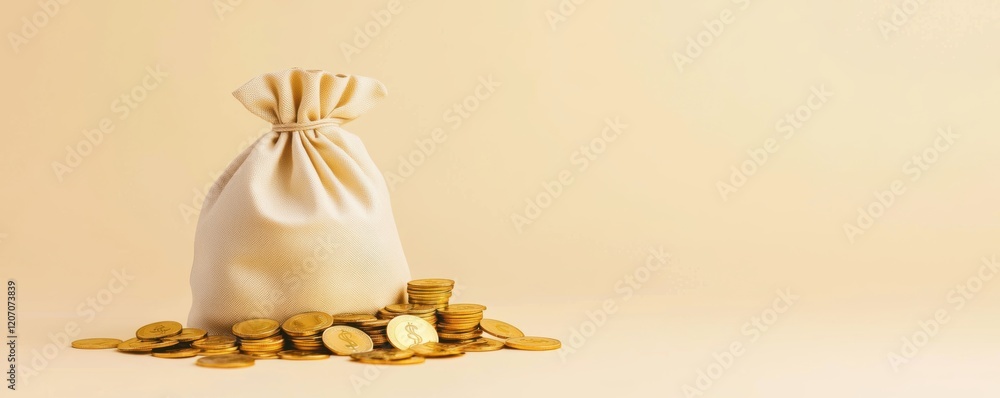Poster wealth accumulation event financial background image of coins and bag minimalist setup eye-level vie