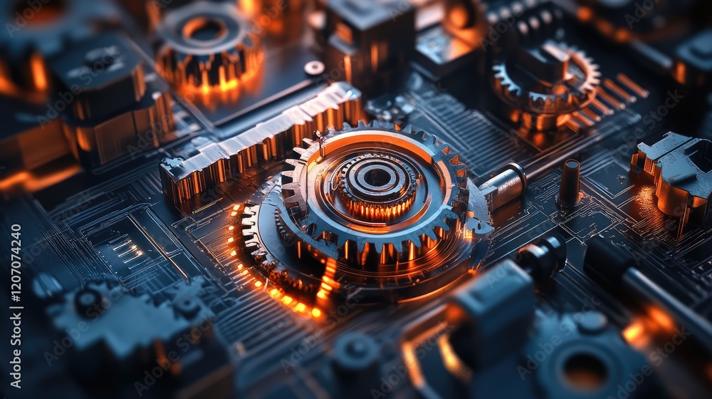 Aufkleber visualization of automated control systems with glowing mechanical gears and dynamic workflows on a 