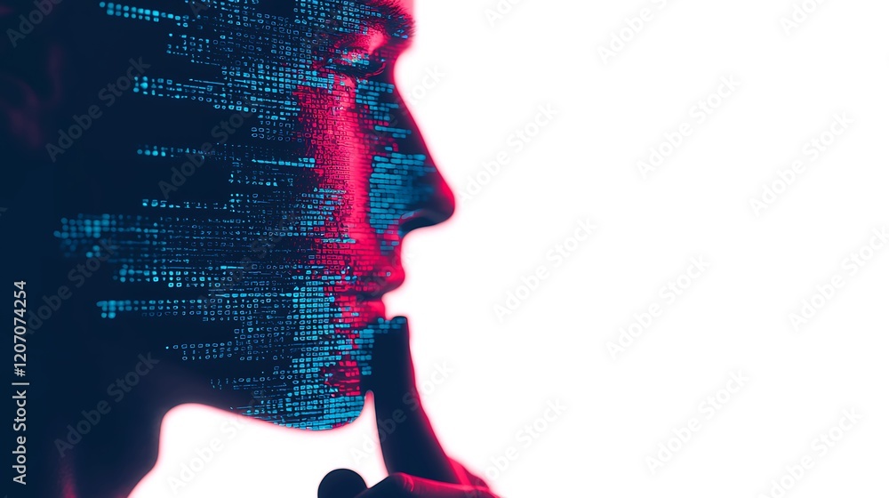 Poster a digital silhouette of a person with a finger on their lips, overlaid with binary code, suggesting 