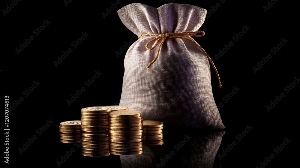 Poster wealth accumulation display business setting image of money bag and coins dark background close-up s