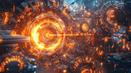 Obraz premium Visualization of interconnected automation systems with glowing gears and dynamic data streams in a futuristic setting