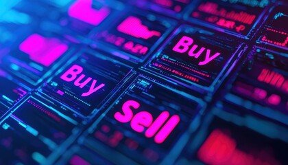 Obraz premium Trading actions buying and selling digital assets online marketplaces graphic design tech environment close-up view