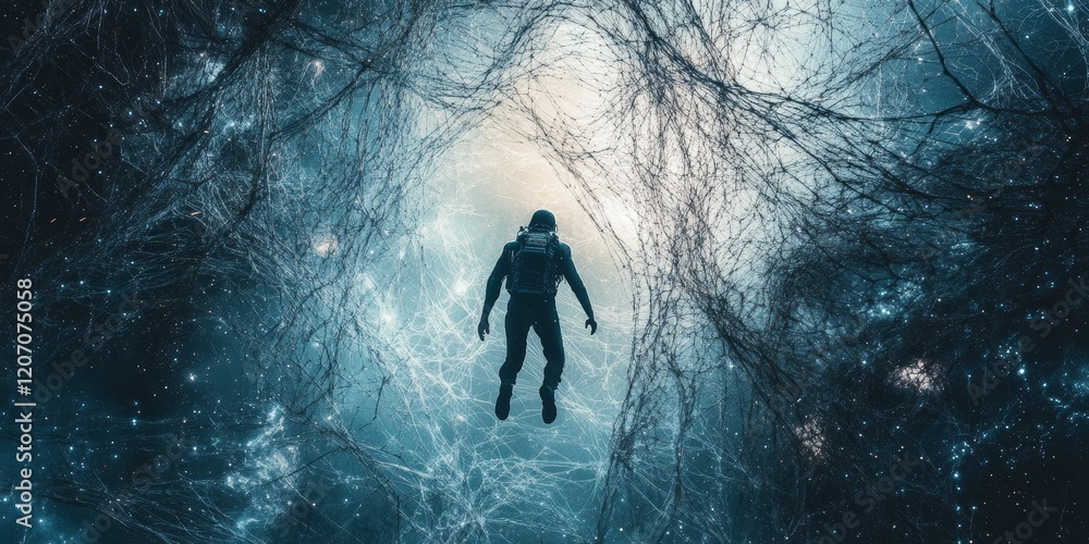 Poster a man in a spacesuit is floating in a blue, starry void