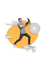 Vertical collage picture of excited guy jump run use netbook arrow pointer cursor target board clouds sky isolated on creative background