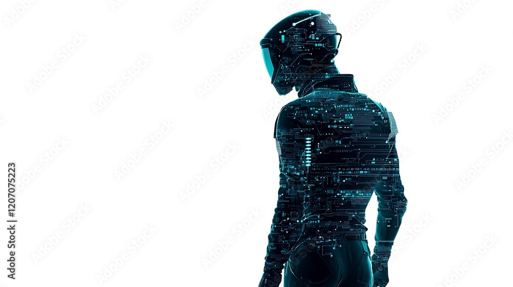 Poster a silhouette of a futuristic figure adorned with digital patterns, representing themes of technology