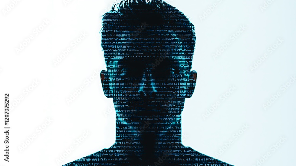Poster a silhouette of a person is overlaid with digital code, embodying themes of technology, data, and id