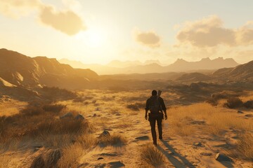 Obraz premium A man is walking through a desert with a backpack on
