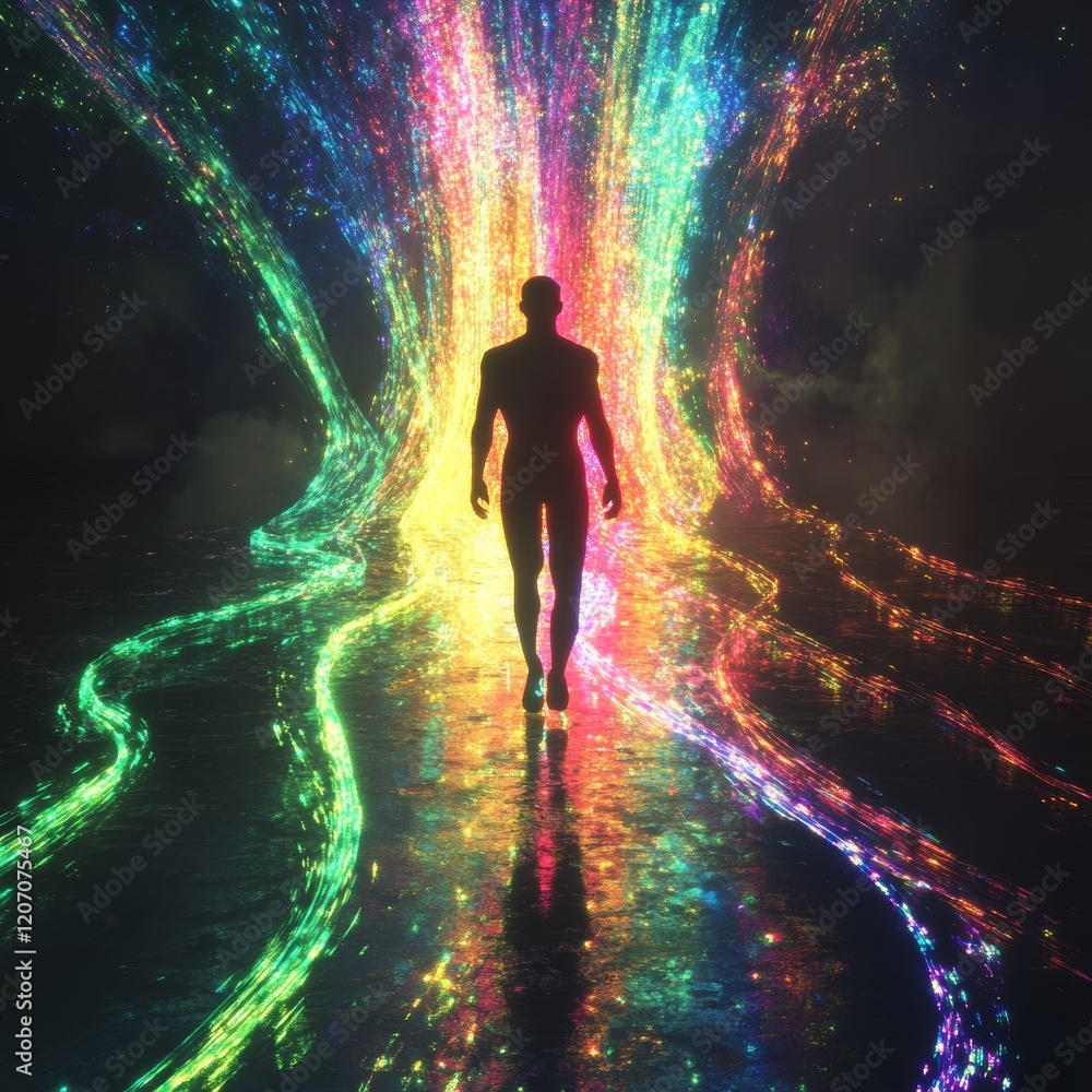 Wall mural a man is walking through a rainbow colored tunnel
