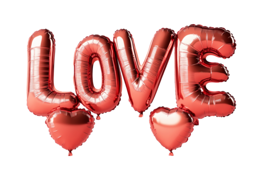 Shiny red foil balloon letters forming the word LOVE isolated on white transparent background. Romantic celebration and Valentine's Day concept