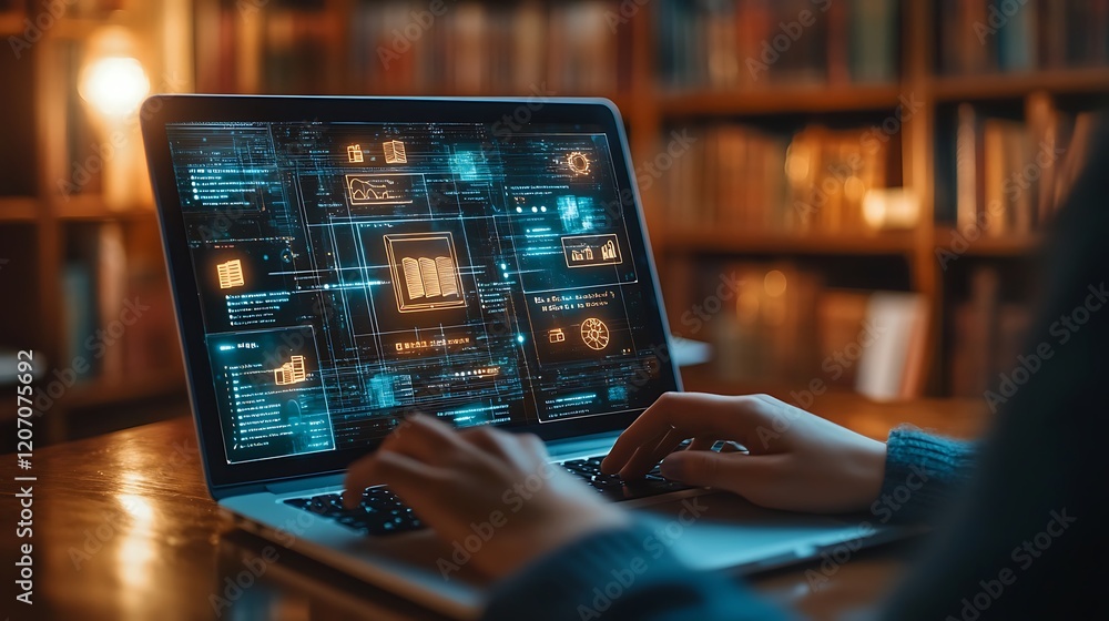 Poster a person using an online learning platform with digital hologram icons