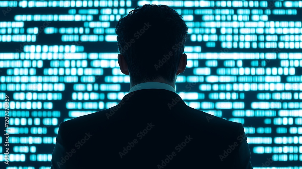 Poster a silhouetted figure in a suit stands before a screen filled with digital code, embodying themes of 