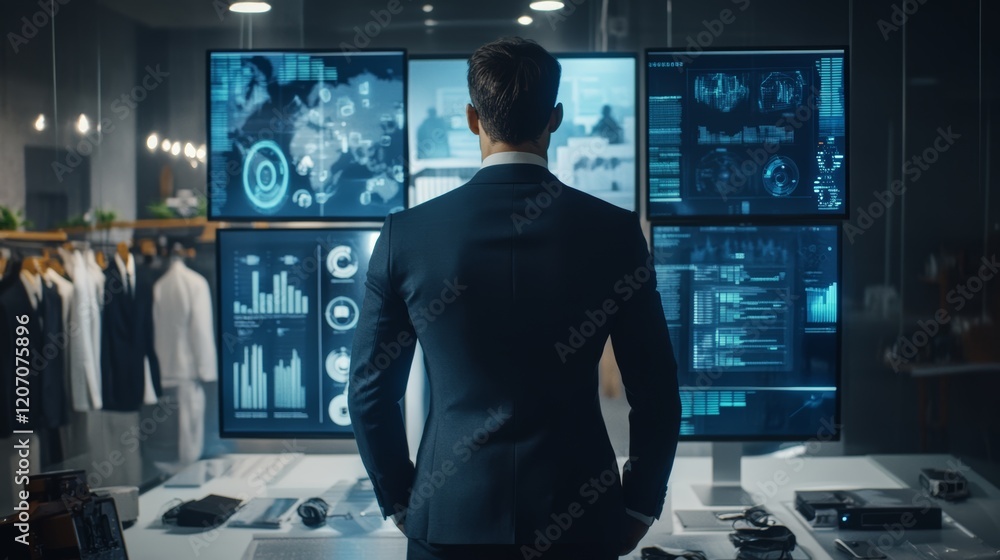 Poster business professional analyzing data on multiple high-tech screens