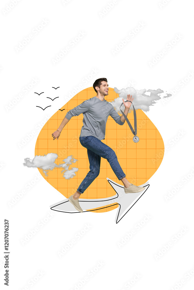 Poster vertical collage picture of cheerful delighted guy running arrow pointer cursor hand hold first plac