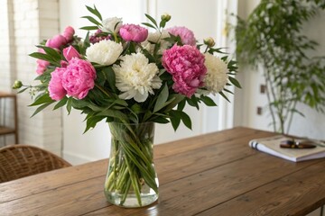 A vase filled with bright pink and white peonies and surrounded by lush greenery on a wooden table, table, peony, colorful, bright, lush