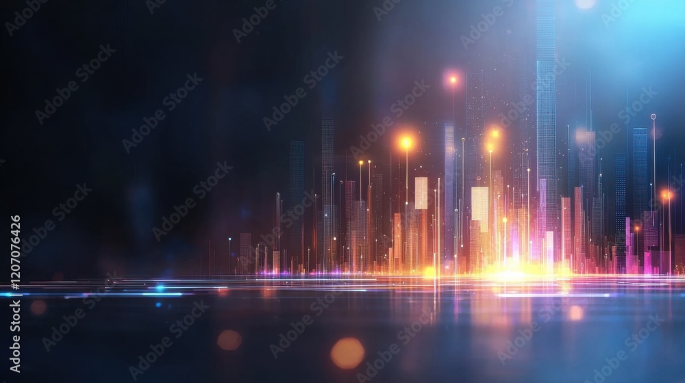 Poster visualizing data streams as glowing rivers connecting in gigapixel resolution urban landscape digita