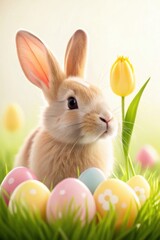 Fototapeta premium Bunny Close up Sniffing a Tulip Surrounded by Colorful Easter Eggs in Vibrant Grass