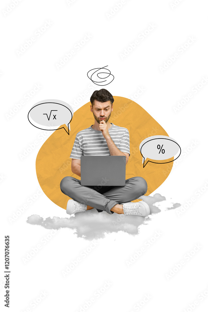 Poster Vertical collage image of minded focused guy sitting cloud use netbook think ponder bubble count finance isolated on creative background