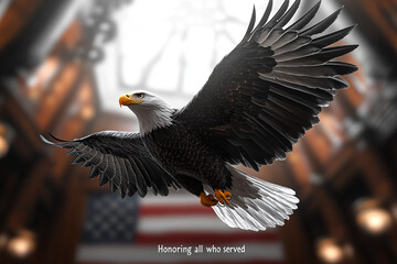 Naklejka premium A bald eagle flying in front of an American flag