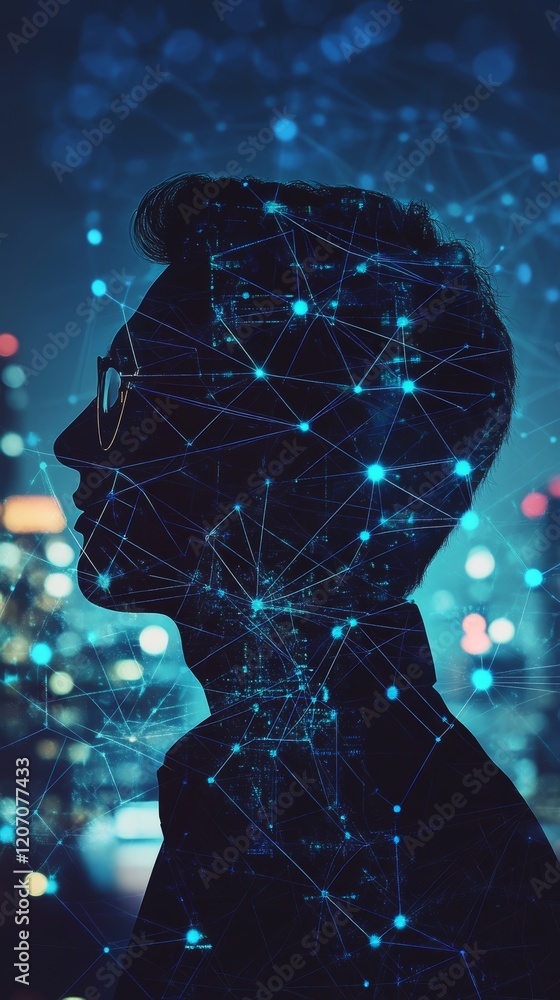 Poster Silhouette of Person with Abstract Digital Network Background
