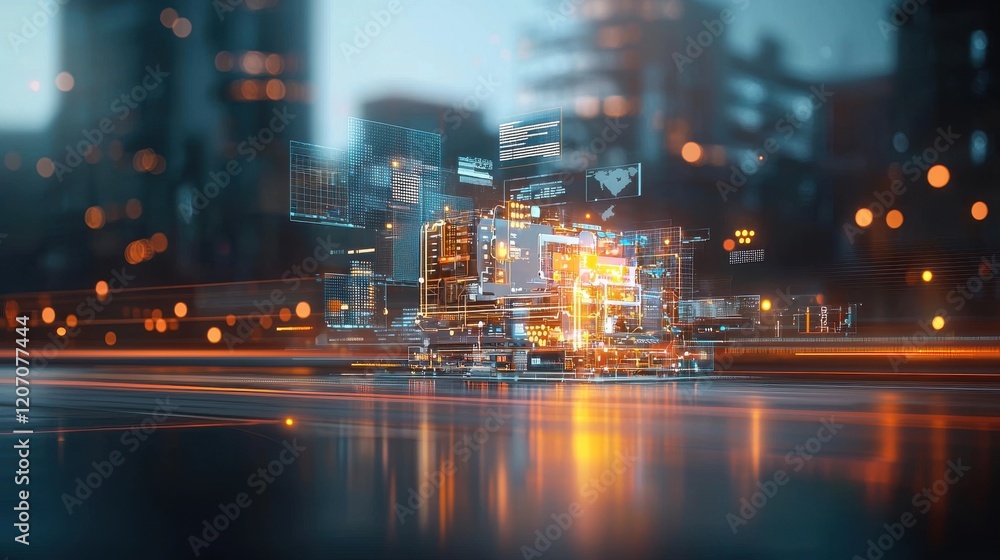 Poster dynamic tech-forward teamwork scenario featuring glowing interfaces in a futuristic urban environmen