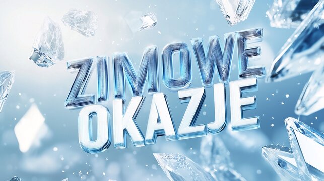 Napis "Zimowe Okazje" w stylu lodowego tekstu, otoczony kryształkami lodu. Doskonałe do zimowych kampanii reklamowych i ofert.