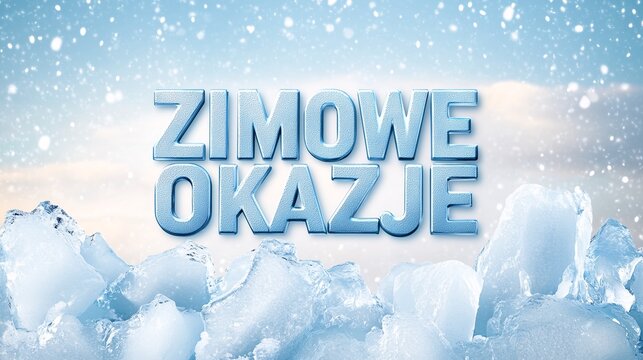 Napis "Zimowe Okazje" w stylu lodowym na tle lodowych g&oacute;r i opadającego śniegu. Doskonałe do promocji zimowych ofert i akcji.