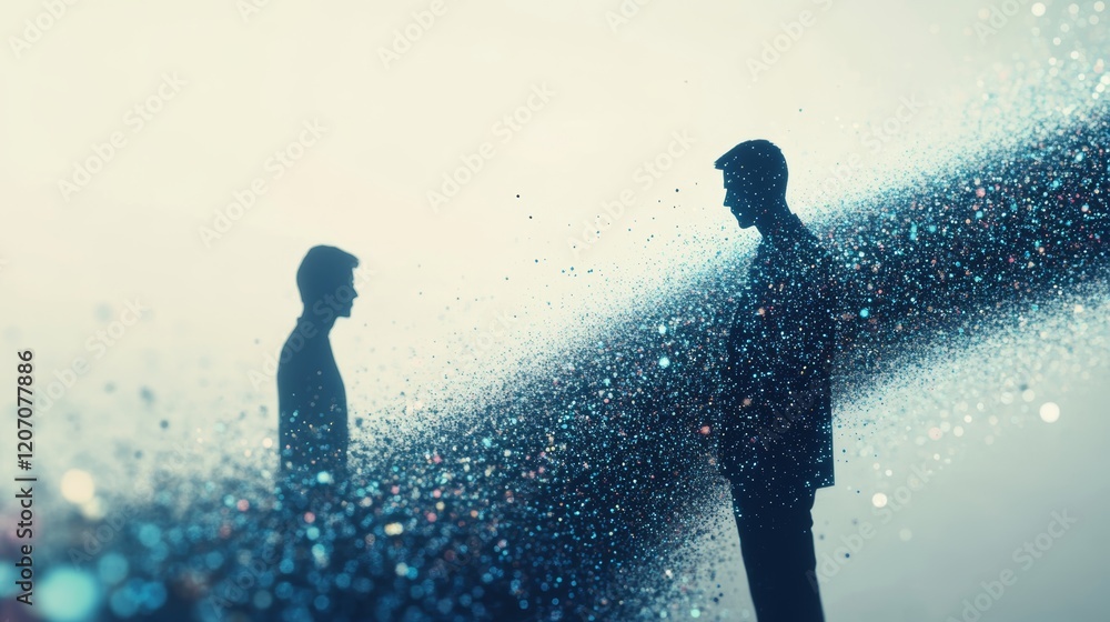 Poster two silhouettes engaging in a concept of digital connection and interaction