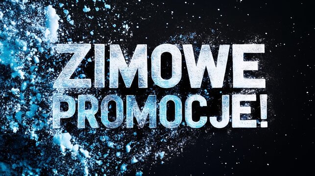 Napis "Zimowe Promocje!" otoczony śnieżnymi rozpryskami na ciemnym tle. Idealny do reklam zimowych ofert i wyprzedaży.