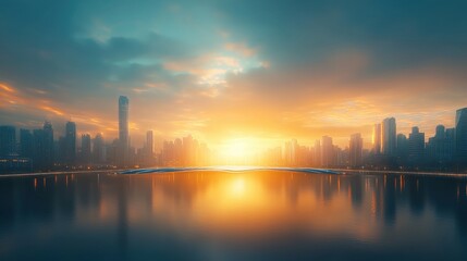 Obraz premium A stunning sunrise over a futuristic cityscape urban landscape digital art serene environment wide-angle view abstract solar array concept