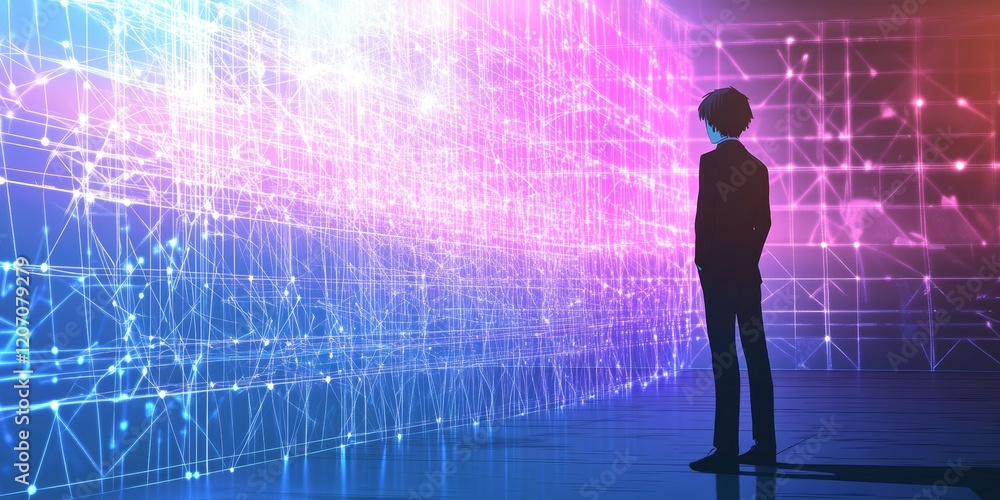 Poster person observing abstract data visualization in digital environment