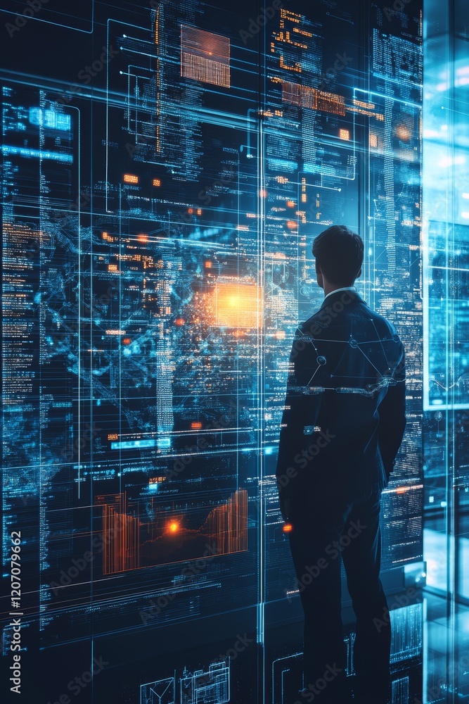 Poster person analyzing futuristic data visualizations in a dark space