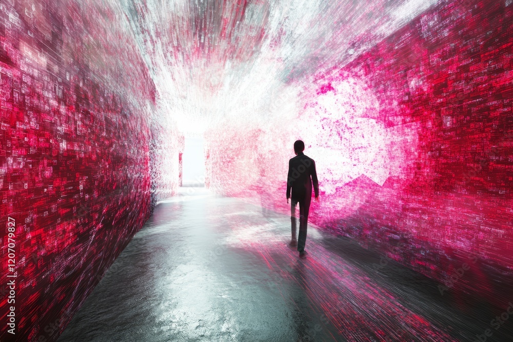 Poster man walking through abstract digital data tunnel with red lights