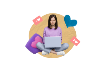 Creative collage photo poster postcard of successful concentrated girl typing writing sms message comments isolated on painted background