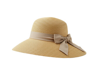 Elegant wide-brimmed straw hat with a bow ribbon, isolated on white background