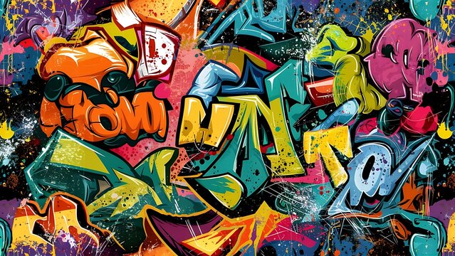 Fototapeta Bright graffiti seamless pattern with grunge effect