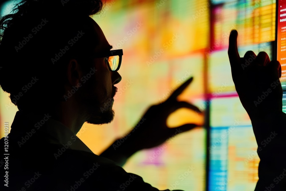 Poster business analyst analyzing data with colorful digital screen display