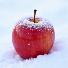Solitary Red Apple in Fresh Snow with Wintry Background
