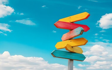 A sign post with many different colored arrows