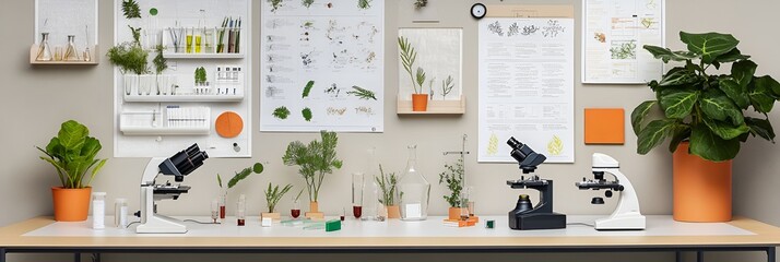 A biology lab setup with plant specimens, microscopes, and educational charts on the wall