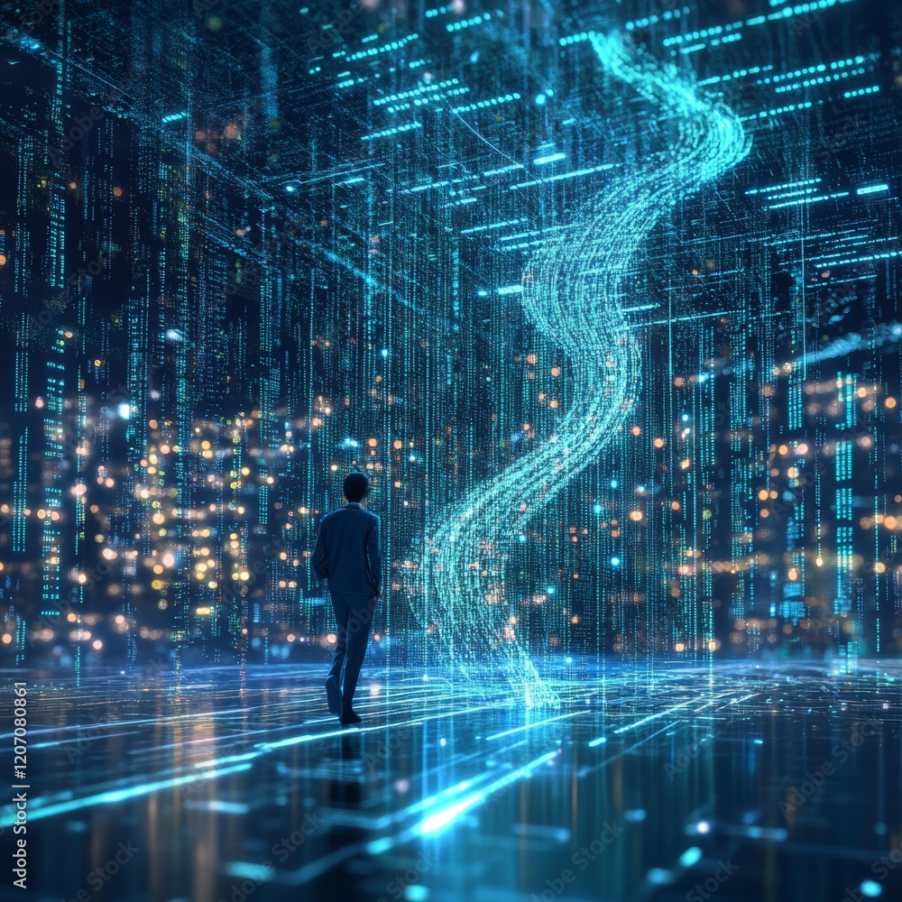 Poster digital journey through abstract data flow with futuristic elements