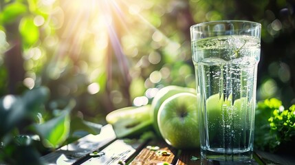 Fresh green apple sliced in half on wooden table with glass of water and leafy greens, symbolizing healthy eating, liver detox, and natural wellness lifestyle.