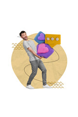 Creative photo collage magazine poster picture of funky glad man hold social media likes instagram...