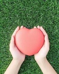 Gentle Hands Hold Coral Heart on Green Grass Springtime Care Love
