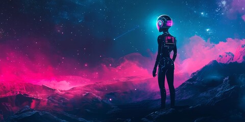 Obraz premium Futuristic Astronaut Amidst Colorful Cosmic Landscape at Night