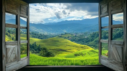 Fototapeta premium Landscape nature view background view from wooden gate
