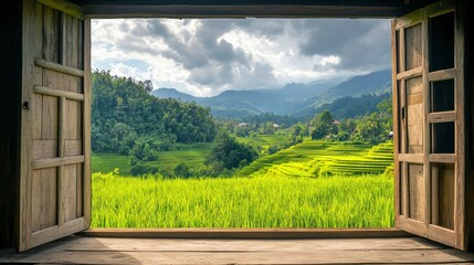 Fototapeta premium Landscape nature view background view from wooden gate