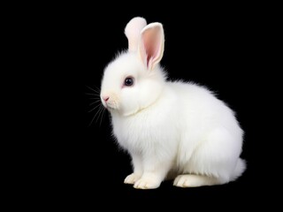 Adorable fluffy bunny with white fur standing out beautifully against a black background, black background, fluffy