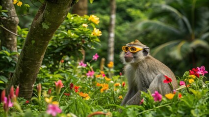 Adorable monkey with bright yellow frames on its face sitting in a lush green jungle surrounded by vibrant flowers and trees, tropical plants, colorful flowers